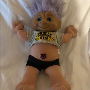 Vintage 1991 Treasure Troll Doll with Purple Hair and Gym Shirt Trolls Gym